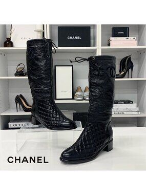 CHANEL | Shoes | Chanel Interlocking Cc Logo Boots Silver Metallic